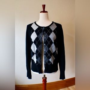 Apt 9 Cashmere Cardigan Sweater in Black and Gray Argyle Size Medium